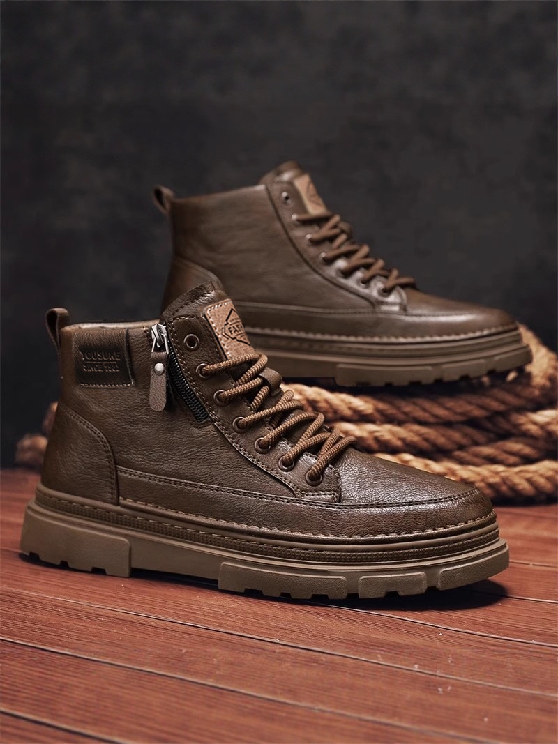 Youtube Leatherwork - รองเท้าบูทลำลองผู้ชาย รองเท้าหนังสไตล์อังกฤษน้ำหนักเบา เหมาะสำหรับทำงาน รองเท้าบูทสั้นเข้ากันได้กับทุกชุด ฤดูใบไม้ผลิ ฤดูใบไม้ร่วง