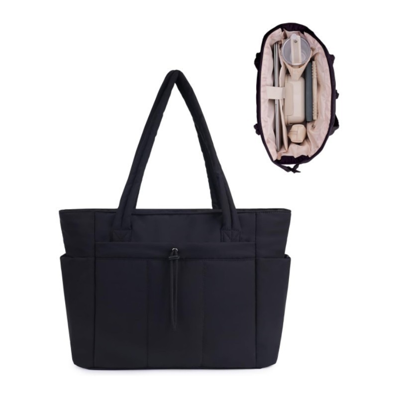 Leather Work Bag - กระเป๋าโท้ทน้ำหนักเบาสำหรับสุภาพสตรี กระเป๋าเดินทางแบบควิลท์ กระเป๋าสะพายไหล่ลำลอง สีดำ สีกากี กระเป๋าโท้ทขนาดเล็กสำหรับผู้หญิง