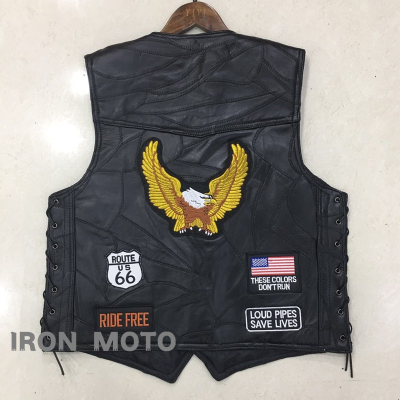 Leather Work Vest - เสื้อกั๊กมอเตอร์ไซค์ใหม่สำหรับผู้ชาย แจ็คเก็ตหนังสไตล์คาเฟ่โมโต ลายปักนกอินทรี สำหรับรถครุยเซอร์และชอปเปอร์