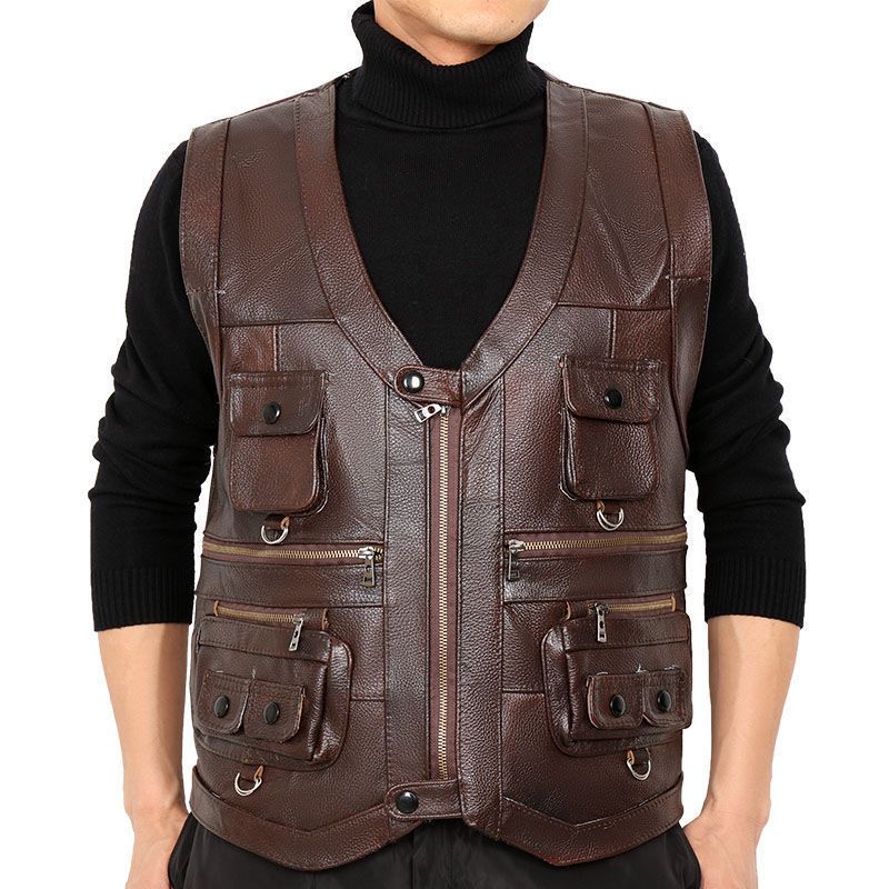 Leather Work Vest - เสื้อกั๊กหนังวัวแท้ เสื้อกั๊กหนังผู้ชาย เสื้อแจ็คเก็ตหนาสำหรับขี่มอเตอร์ไซค์ มีหลายกระเป๋า เสื้อหนังนักขี่มอเตอร์ไซค์ เสื้อกั๊กนิรภัยผู้ชาย