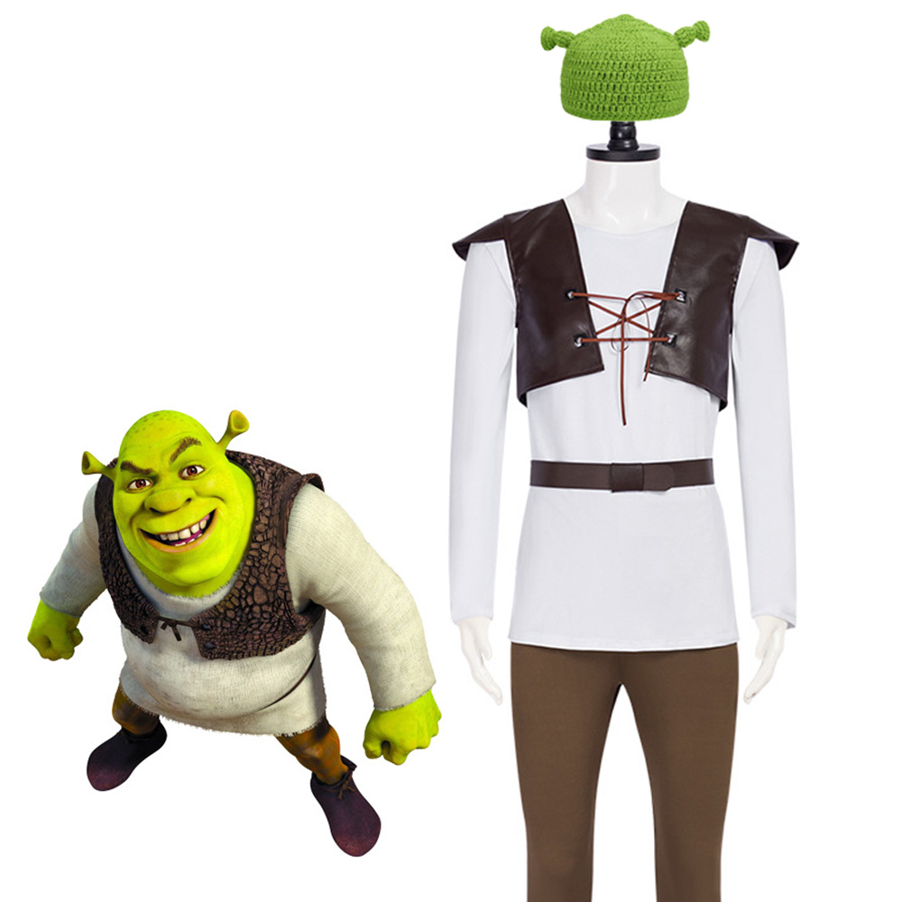 Leather Work Vest - Shrek ชุดคอสเพลย์หมวกสีเขียว Shrek Top หนังเสื้อกั๊กกางเกงสําหรับชายประสิทธิภาพบทบาทเล่นฮาโลวีน Carnival