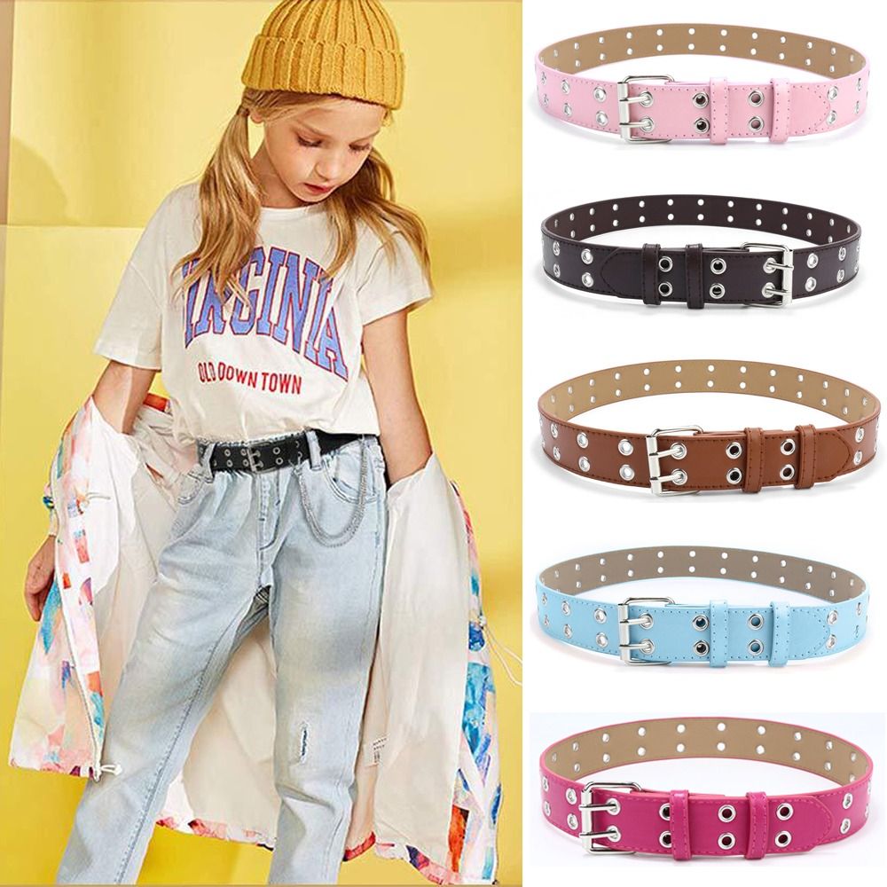 Belt Buckle Blank - เข็มขัดหนัง PU พังค์สำหรับเด็กหัวเข็มขัดหมุดโลหะสองรูเข็มขัดประดับกางเกงยีนส์แบบลำลองสายรัดเอว