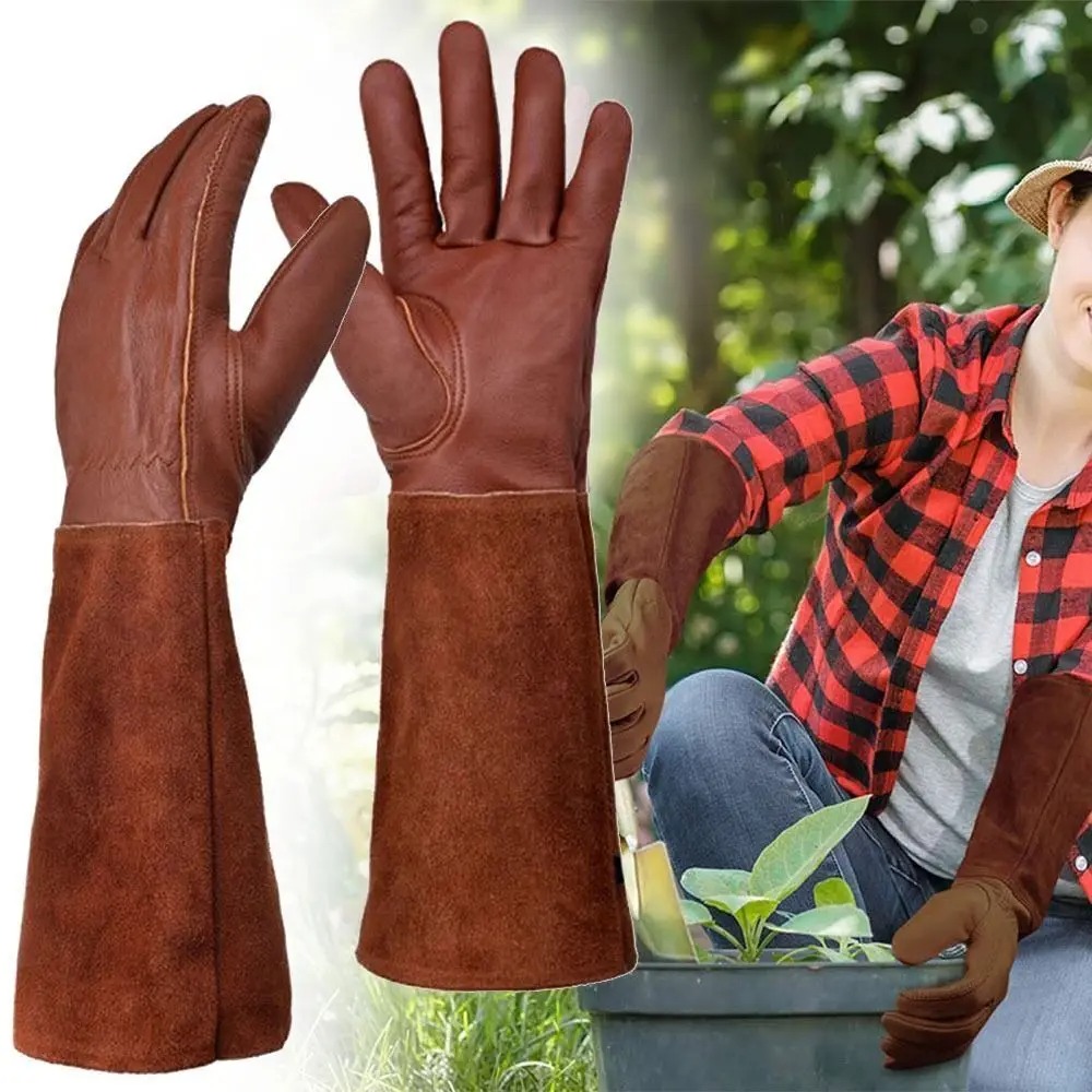 Youtube Leatherwork - ถุงมือทำงานแบบยาวสำหรับทำสวน ถุงมือหนังระบายอากาศ ถุงมือตัดแต่งกิ่ง ถุงมือป้องกันสำหรับงานอุตสาหกรรมและสวน