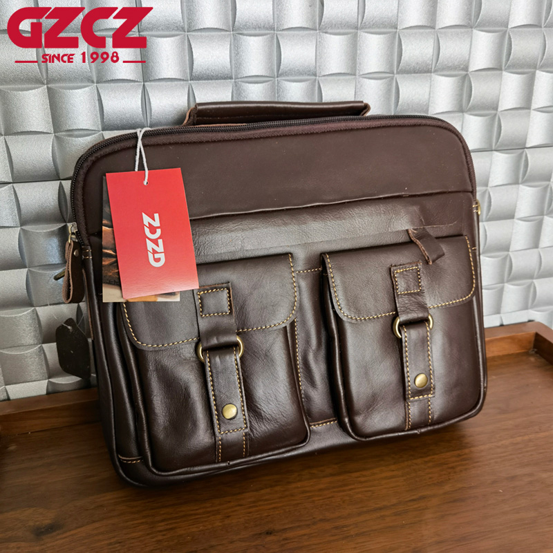Leather Work Bag - GZCZ กระเป๋าถือผู้ชาย กระเป๋าคอมพิวเตอร์สำหรับธุรกิจ หนังวัวชั้นบนสุด กระเป๋าเอกสารแนวนอน กระเป๋าสะพายสำหรับทำงาน