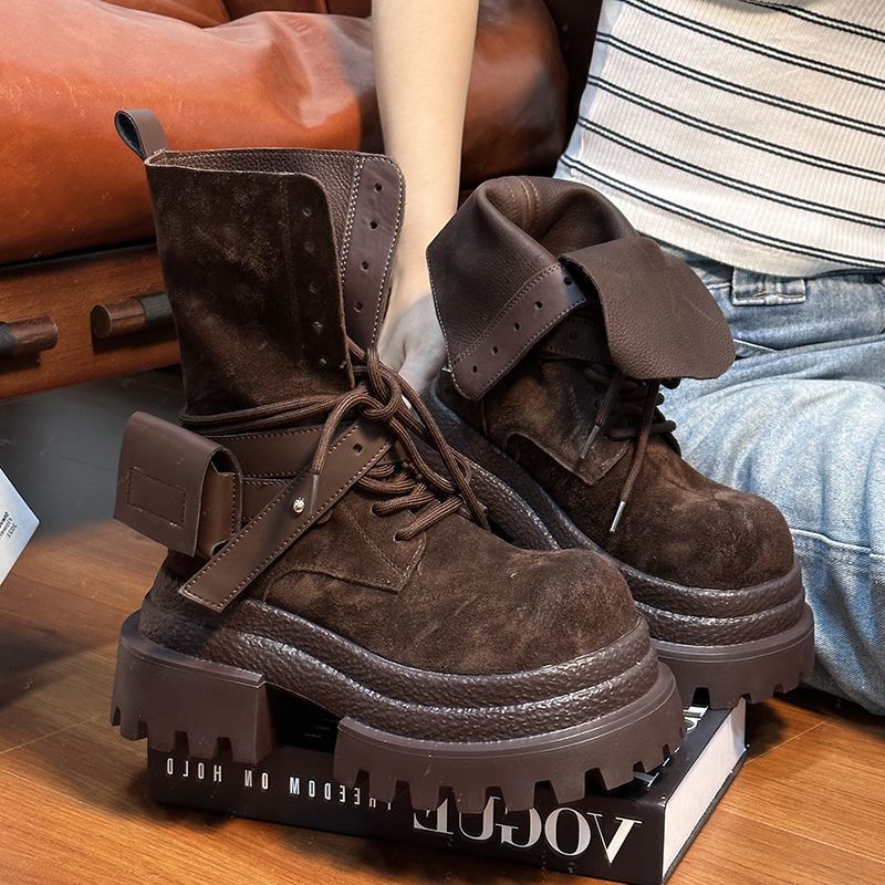 Youtube Leatherwork - รองเท้าบูทคาวบอยหนังกลับหุ้มข้อสูงแบบย้อนยุคสำหรับผู้หญิง บูททรงนักรบแบบสวมกลางน่องสำหรับขี่มอเตอร์ไซค์ เหมาะสำหรับทำงานกลางแจ้ง