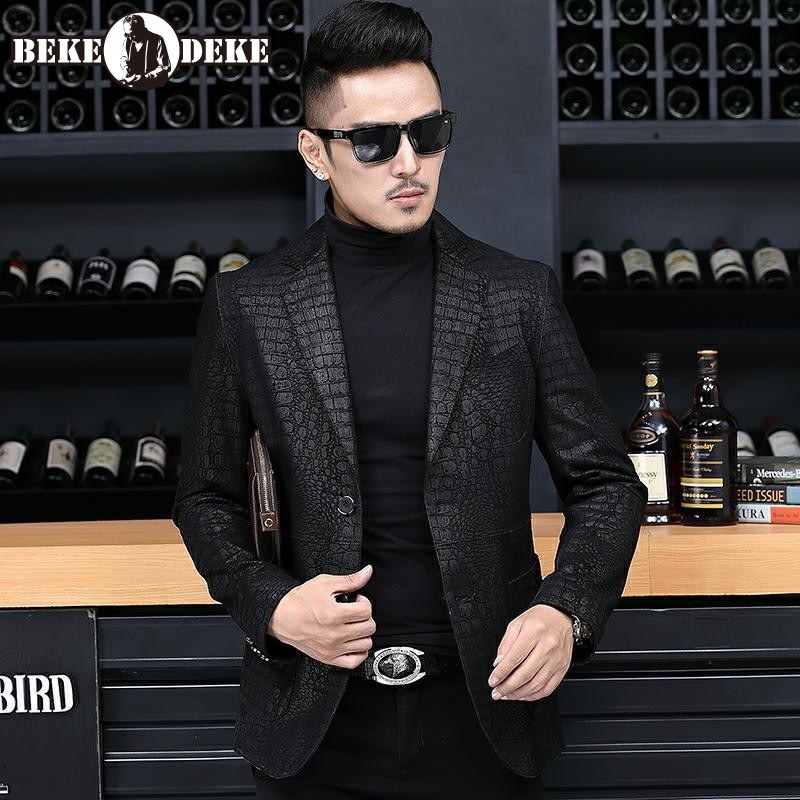 Leatherwork Patterns Free - ฤดูใบไม้ร่วงผู้ชายหนังแกะหนังแท้Blazer Slim Fitเดี่ยวสำนักงานทำงานจระเข้ชุดรูปแบบเสื้อ4XL