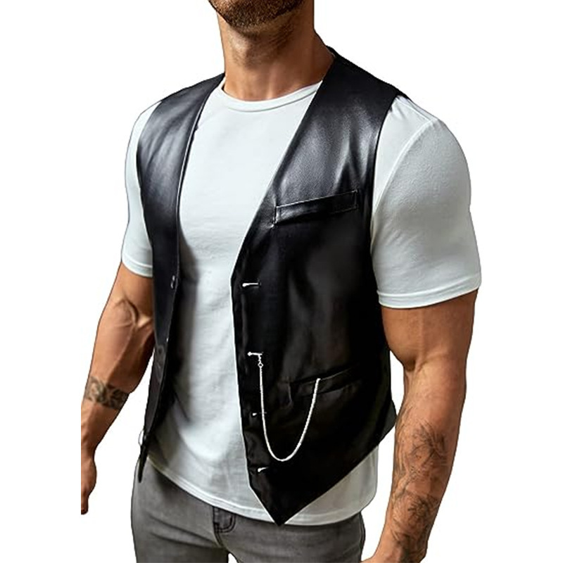 Leather Work Vest - เสื้อกั๊กหนัง PU ทรงเข้ารูปสำหรับผู้ชาย รุ่นใหม่ เรียบง่าย