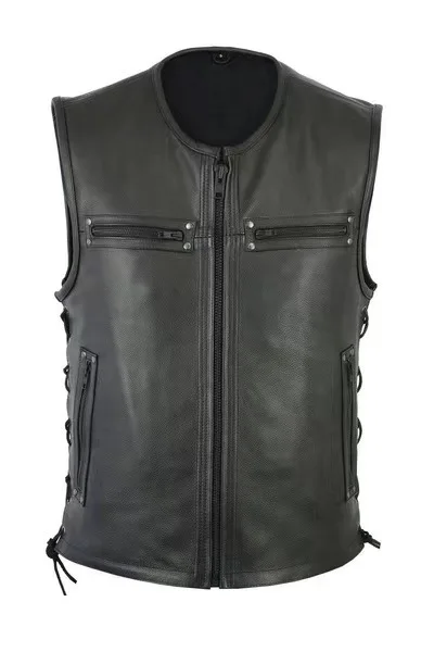 Leather Work Vest - เสื้อกั๊กหนังคอตั้งสีพื้นแบบใหม่ สไตล์พังก์ ไบค์เกอร์ สตรีทแวร์ แฟชั่นประจำวัน เสื้อคลุมสำหรับขี่มอเตอร์ไซค์