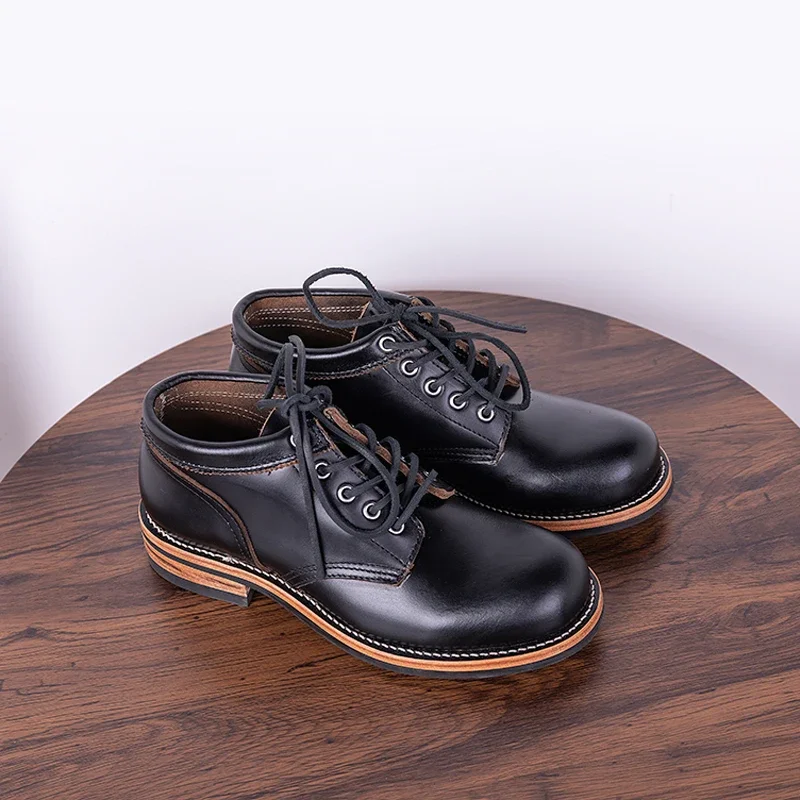 Youtube Leatherwork - สีดําชา Core Cowhide Goodyear รองเท้าทํางานผู้ชายสวมใส่รอบ Toe