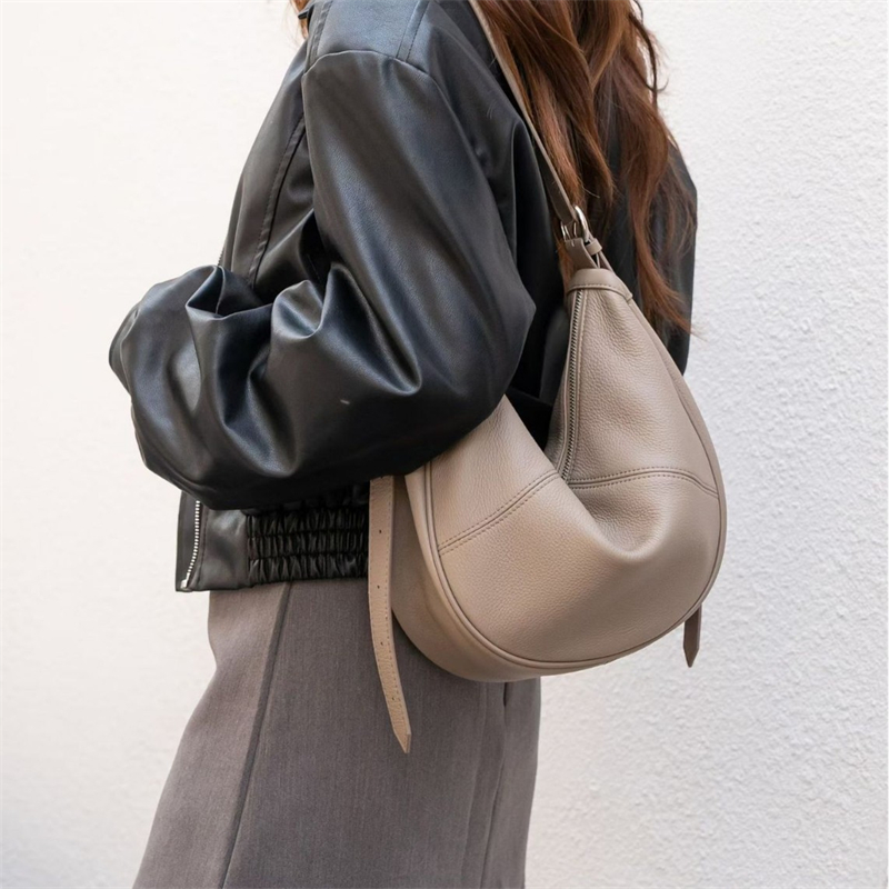 Leather Work Bag - กระเป๋าสะพายไหล่ทรงครึ่งวงกลมหนังแท้ BURMINSA สำหรับผู้หญิง กระเป๋าหนังวัวนุ่มสบาย สะพายข้าง ใช้ได้ทุกวัน
