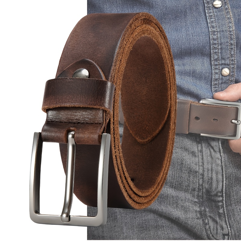 Belt Buckle Blank - เข็มขัดหนังแท้สำหรับผู้ชาย หัวเข็มขัดแบบหมุด ทนทาน ปรับระดับได้ เหมาะสำหรับชุดทำงาน ชุดลำลอง