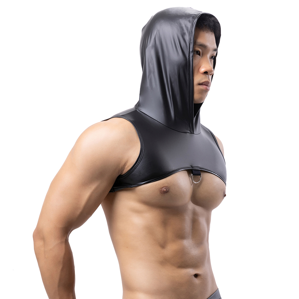 Leather Work Vest - ผู้ชายหนัง Faux Hooded Fitness Tank Tops