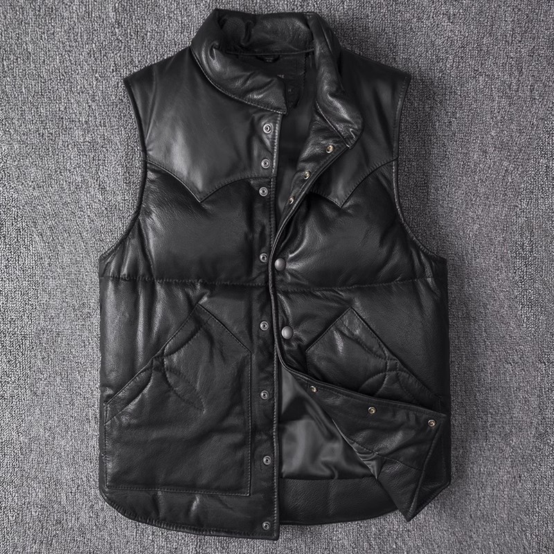 Leather Work Vest - เสื้อแจ็คเก็ตหนังทรงสลิมฟิตสำหรับผู้ชาย เสื้อกั๊กหนังแกะบุขนเป็ดหนา อุ่น สไตล์ชุดนักบินสั้น สำหรับฤดูใบไม้ร่วงและฤดูหนาว
