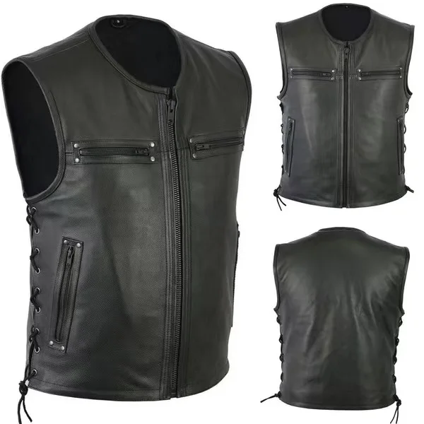 เสื้อกั๊กหนังคอตั้งสีพื้นแบบให - Leather Work Vest บทวิจารณ์และราคา